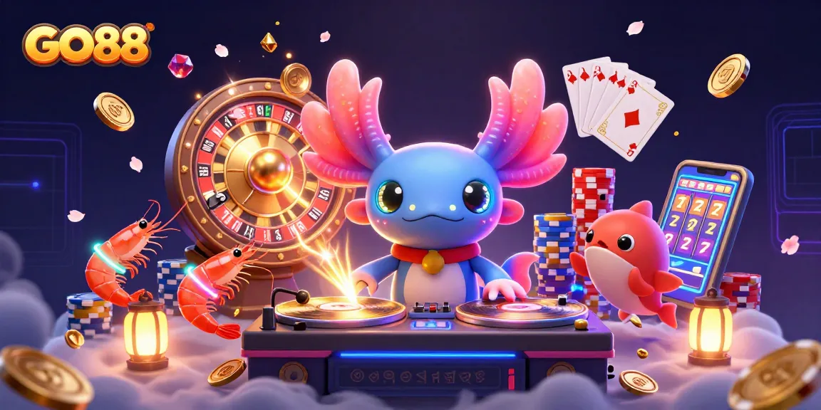 Experience the excitement of GO88 with neon axolotl DJ, shrimp dancers, and gold coins in a vibrant digital casino!