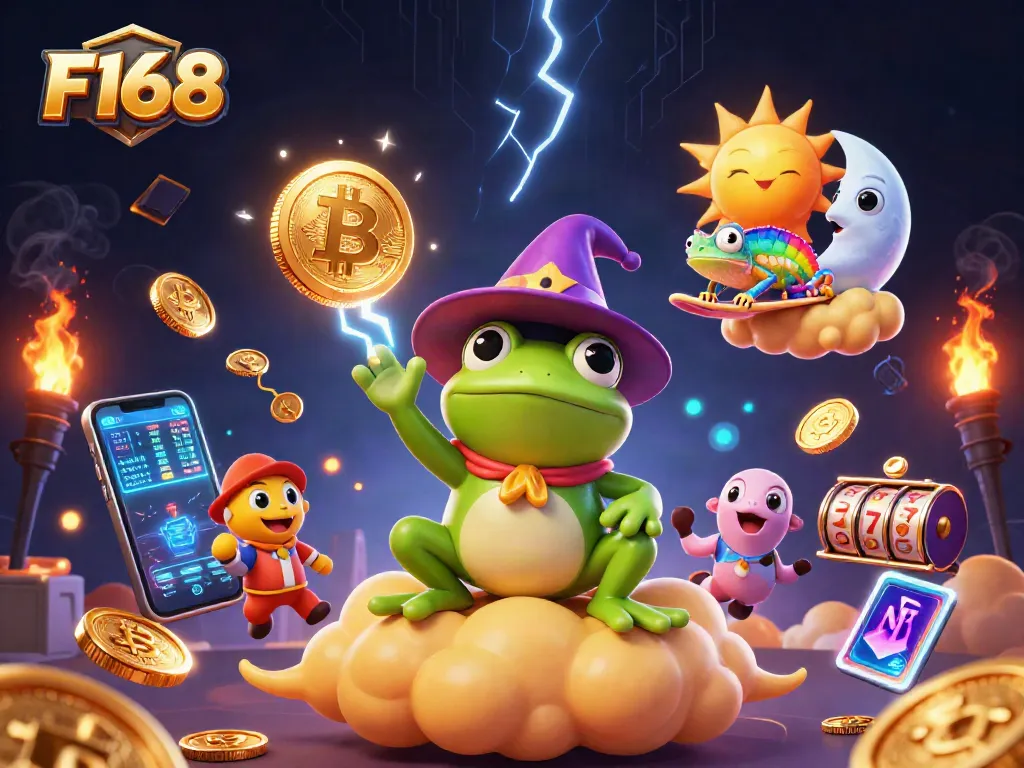 Spin jackpots with F168 in this vibrant, dynamic casino-themed digital illustration.
