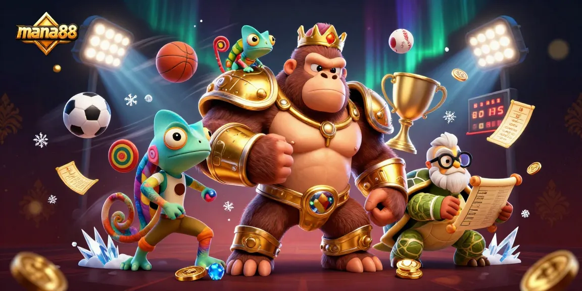 Experience winning at mana88 with a vibrant 3D illustration featuring dynamic sports elements around iconic characters.