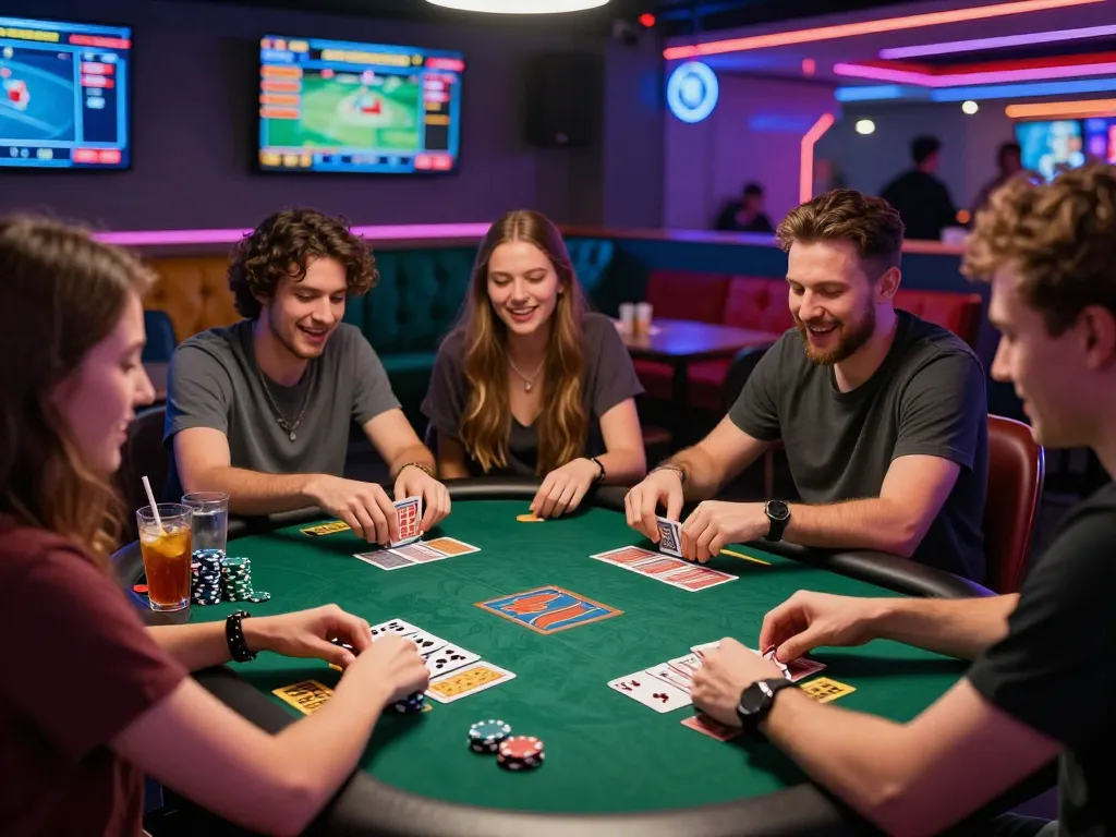 Playing card games and enjoying the excitement of tải sunwin in a lively gaming lounge.