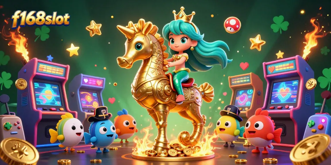 Experience the excitement of f168slot with a vibrant, 3D casino illustration featuring unique characters, game elements, and energy.