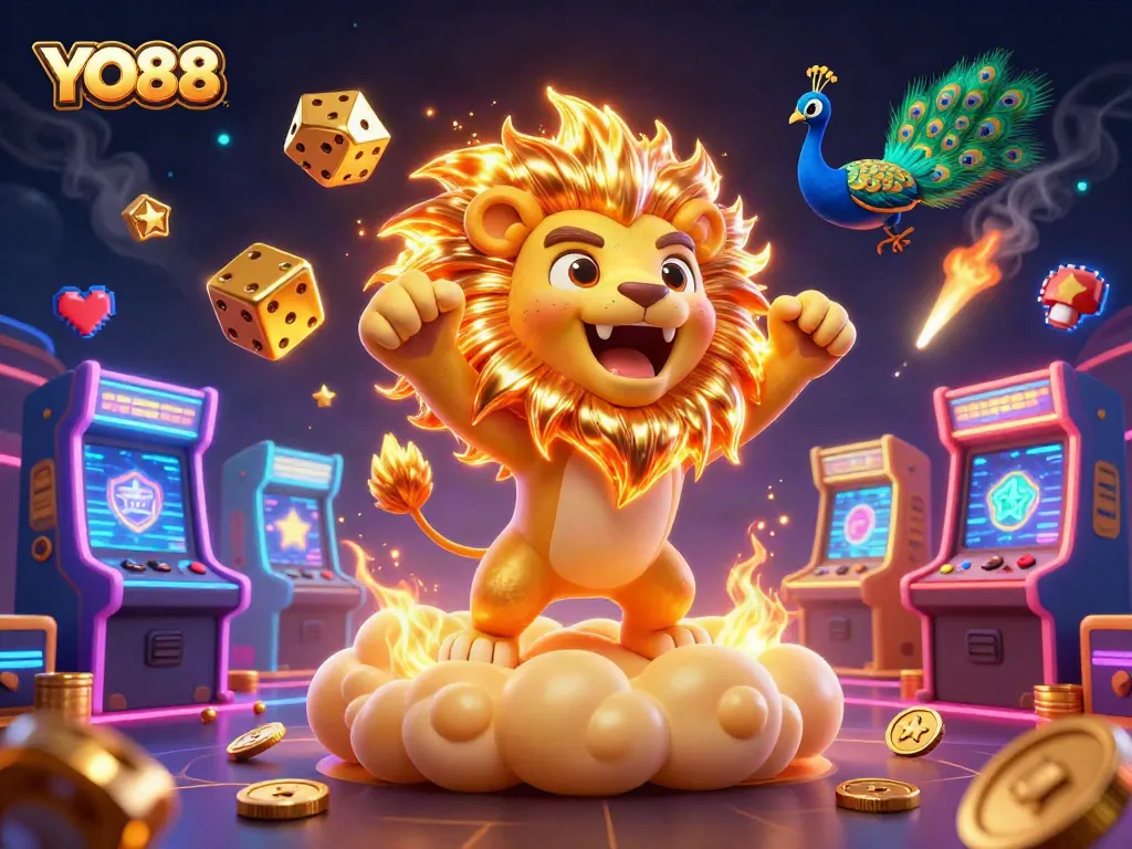 Experience the thrill of YO88 with a vibrant casino-themed illustration featuring a sun lion.