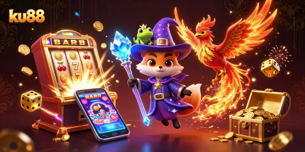 ku88 players engage in exciting slot action with vivid characters and elements from a magical casino