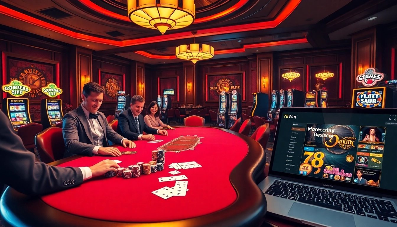 Experience the thrill of poker at 78Win with vibrant chips and luxurious gaming equipment.