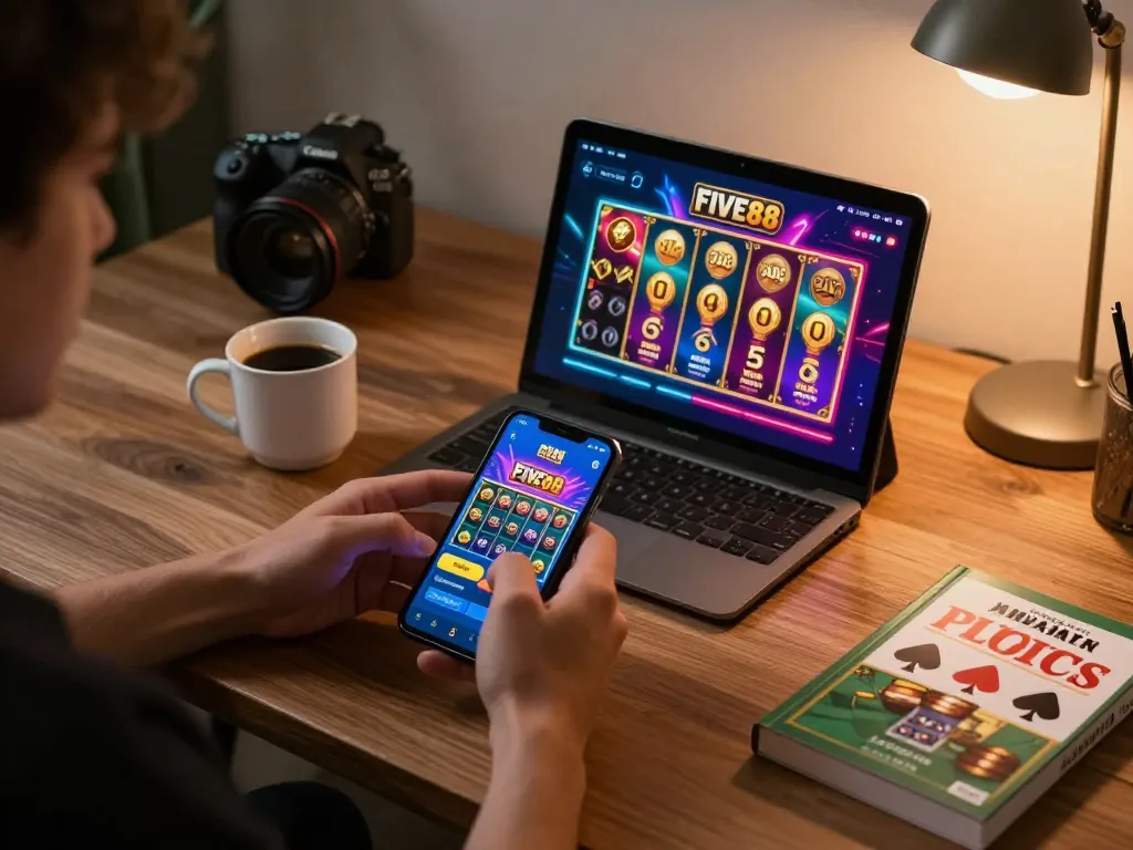 Person enjoying mobile gambling on the five88 app in a stylish home office, highlighting online gaming strategies.