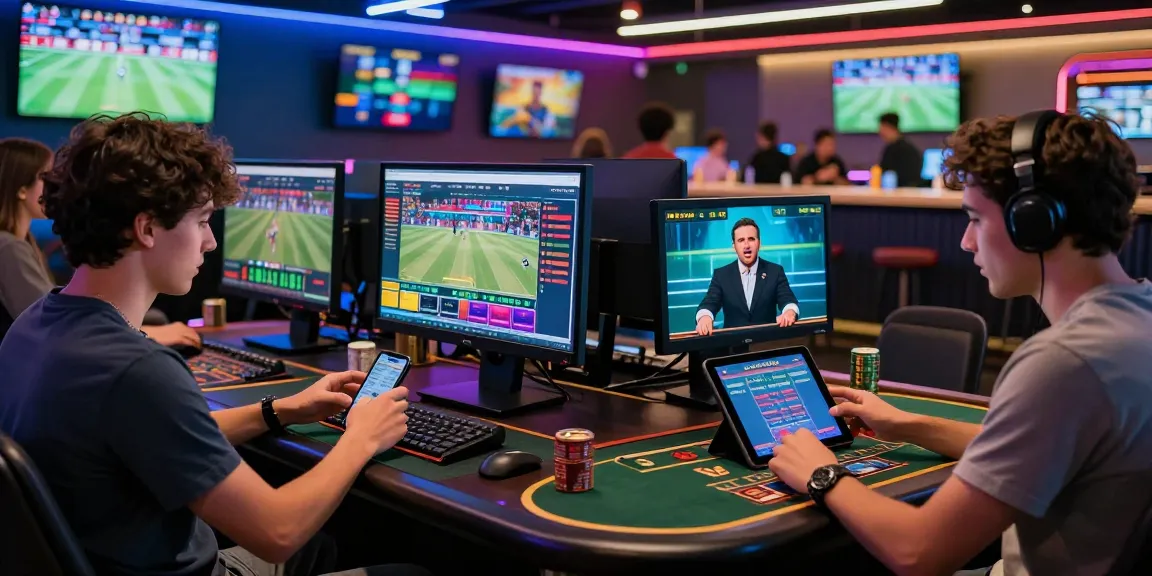 Engaged players at UK88 enjoy online betting and casino games in a lively gaming lounge environment.
