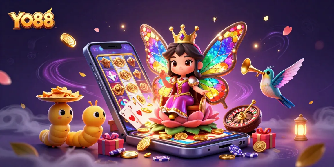 Join the whimsical fun at YO88 with a vibrant 3D cartoon scene filled with gaming excitement.