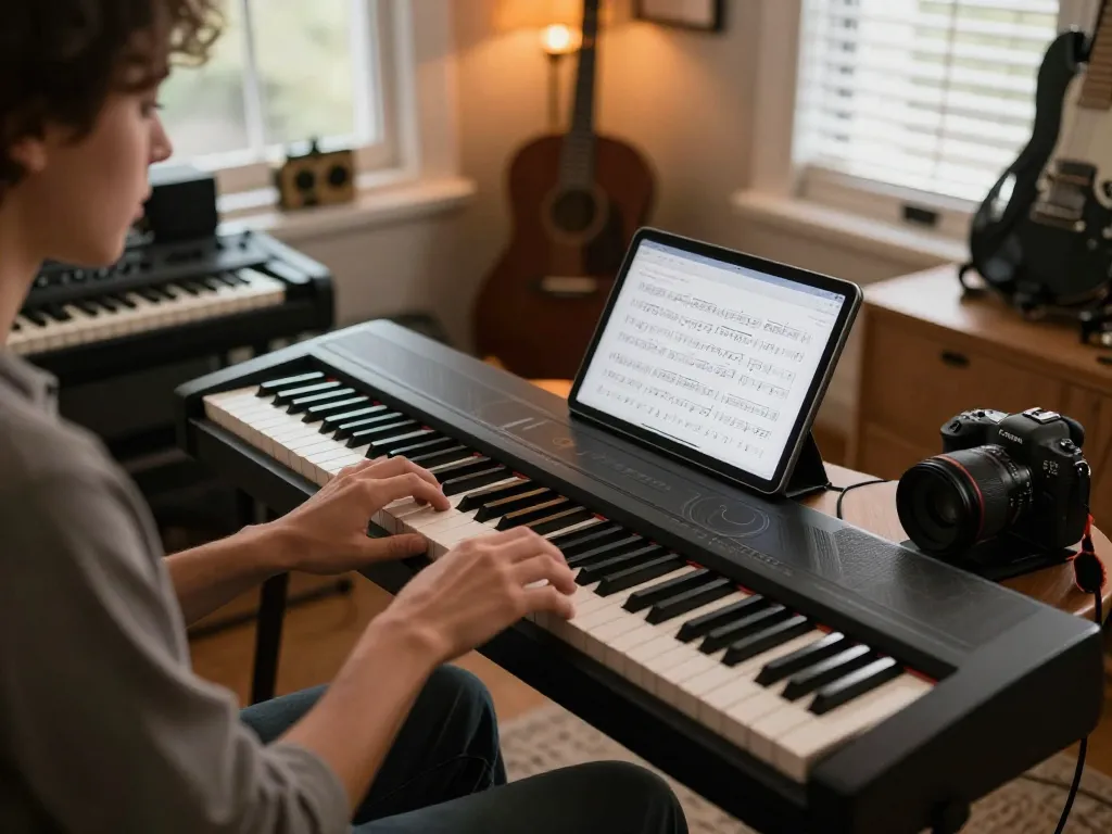 Engaging music scene with a person playing the GO 88 digital piano in a cozy home.