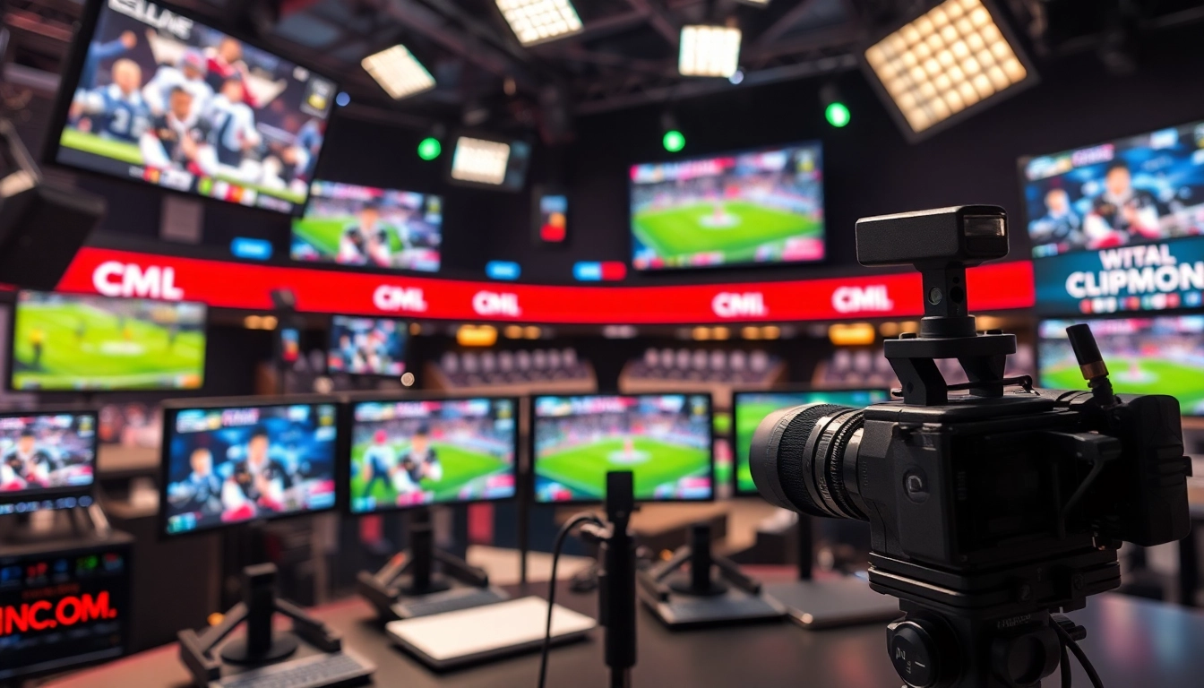 Engaging sports broadcasting studio setup showcasing technology, live events, and equipment.