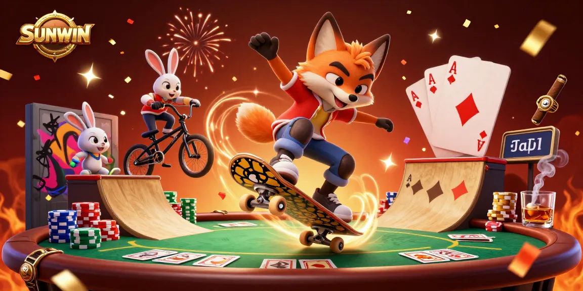 SUNWIN showcases thrilling gaming excitement as a fox and rabbit perform tricks above poker chips in a casino setting.