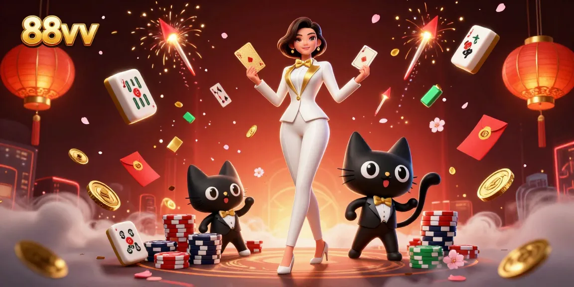 Shuffling cards with the glamorous 88vv character in a rich casino scene full of vibrant gaming elements.