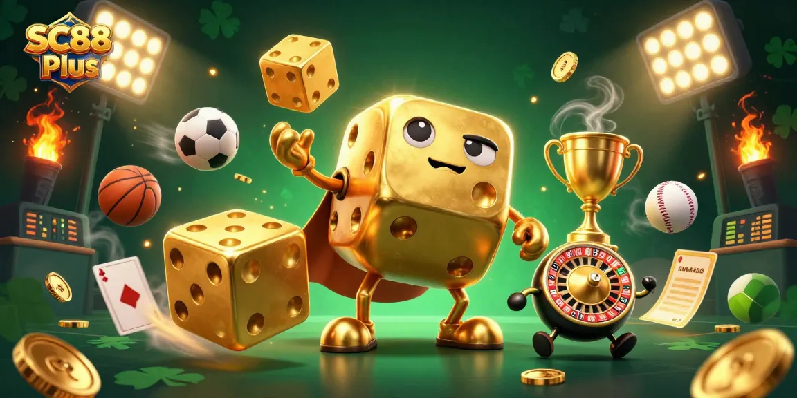 Experience winning strategies at SC88 Plus with a fun 3D illustration of a golden dice golem.