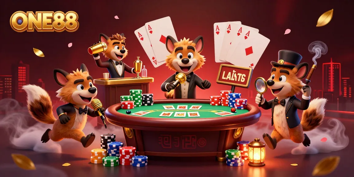 Experience the fun and excitement at ONE88's animated comedy casino with hyenas and vibrant casino elements.