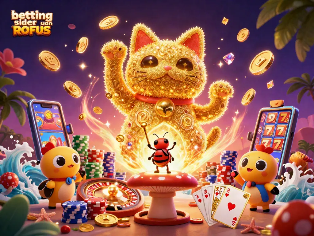 Engage with betting sider uden ROFUS through exciting casino-themed artwork of a lucky cat and vibrant game elements.