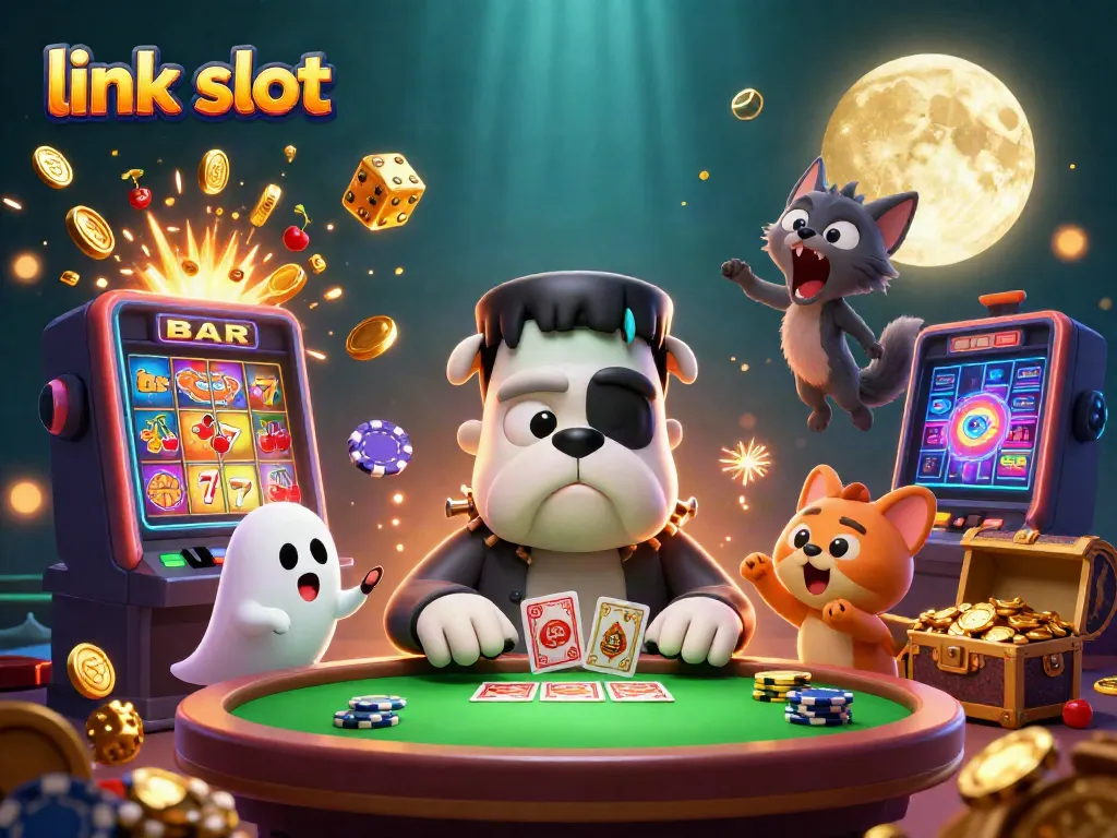 Experience thrilling wins with the link slot action in this vibrant casino scene featuring unique characters.