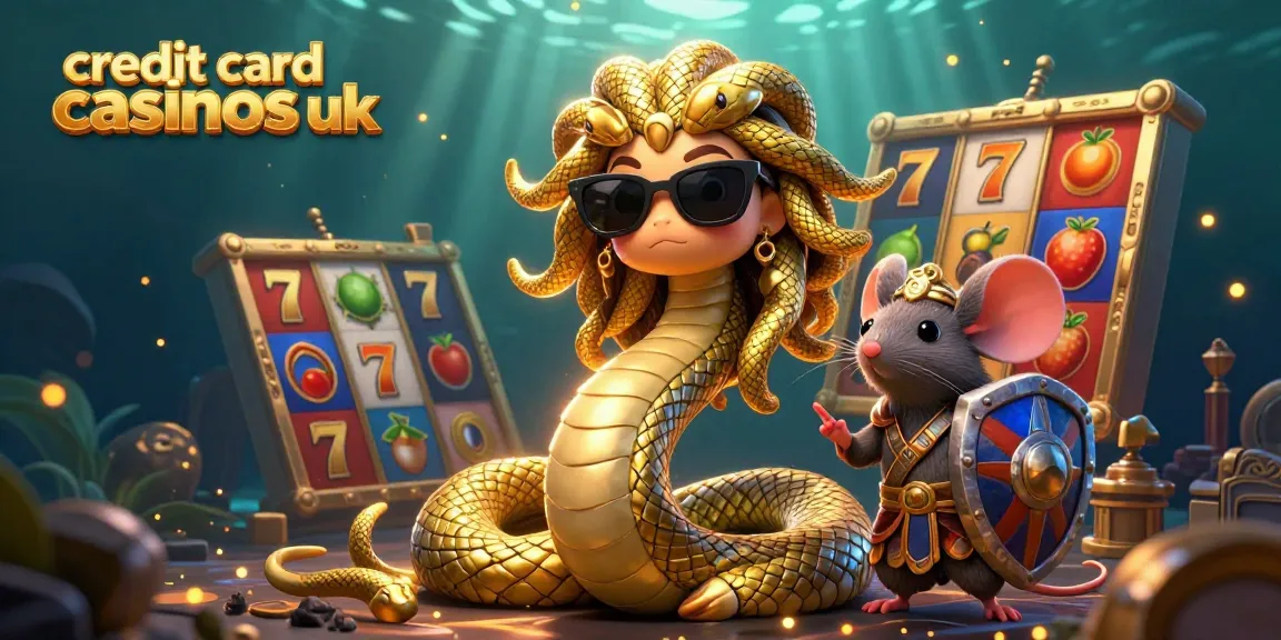 Enjoy thrilling gameplay at credit card casinos uk with our charming Medusa, warrior mouse, and vibrant slot machine scene.