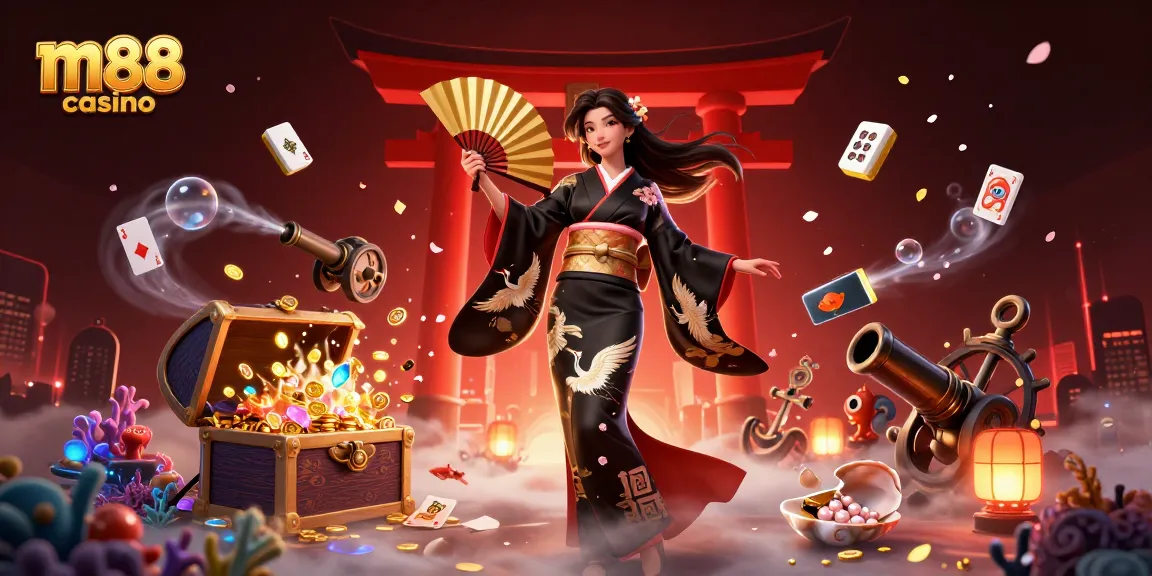 Engage with m88 casino's vibrant gaming scene featuring a stunning Asian character in a rich atmosphere.