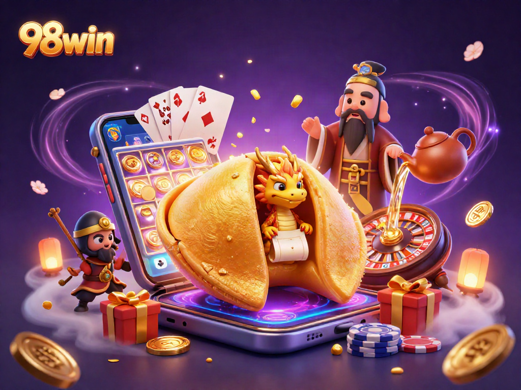 Engage with the dynamic 98win casino scene showcasing vibrant slot games and golden fortune elements.
