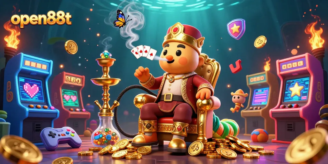 Engage with open88t's vibrant gaming world, featuring an imaginative caterpillar master and dazzling casino elements.