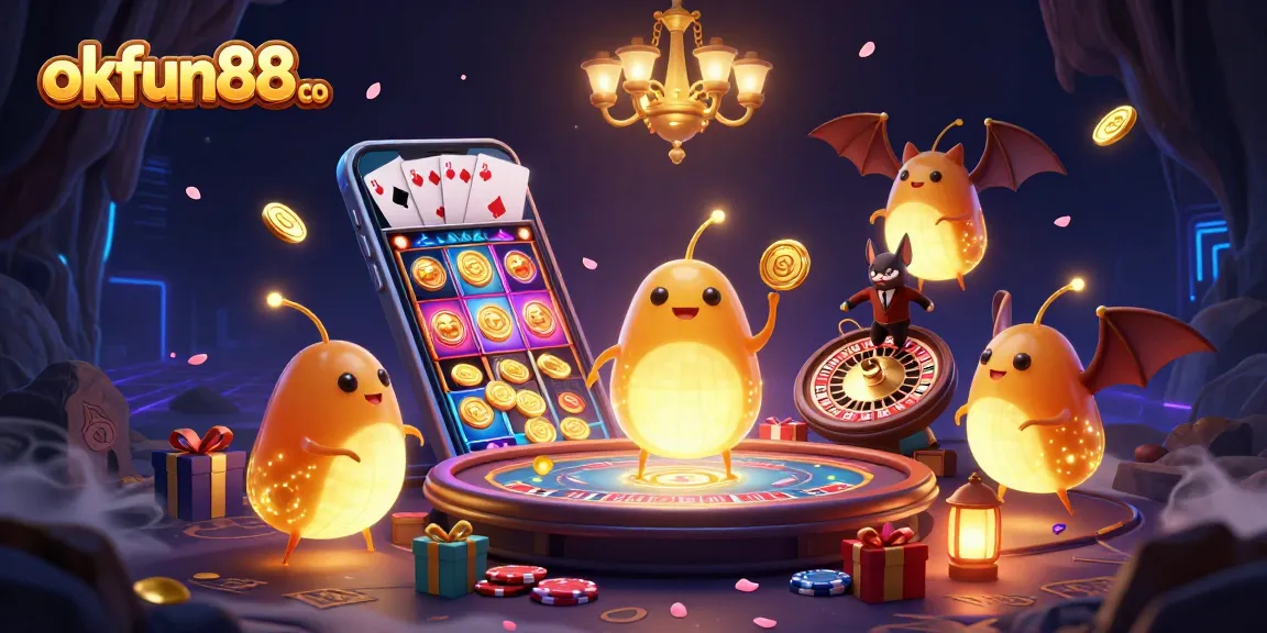 Engage with the dynamic world of okfun88 co, illuminated by a team of glowworms in a vibrant casino scene.