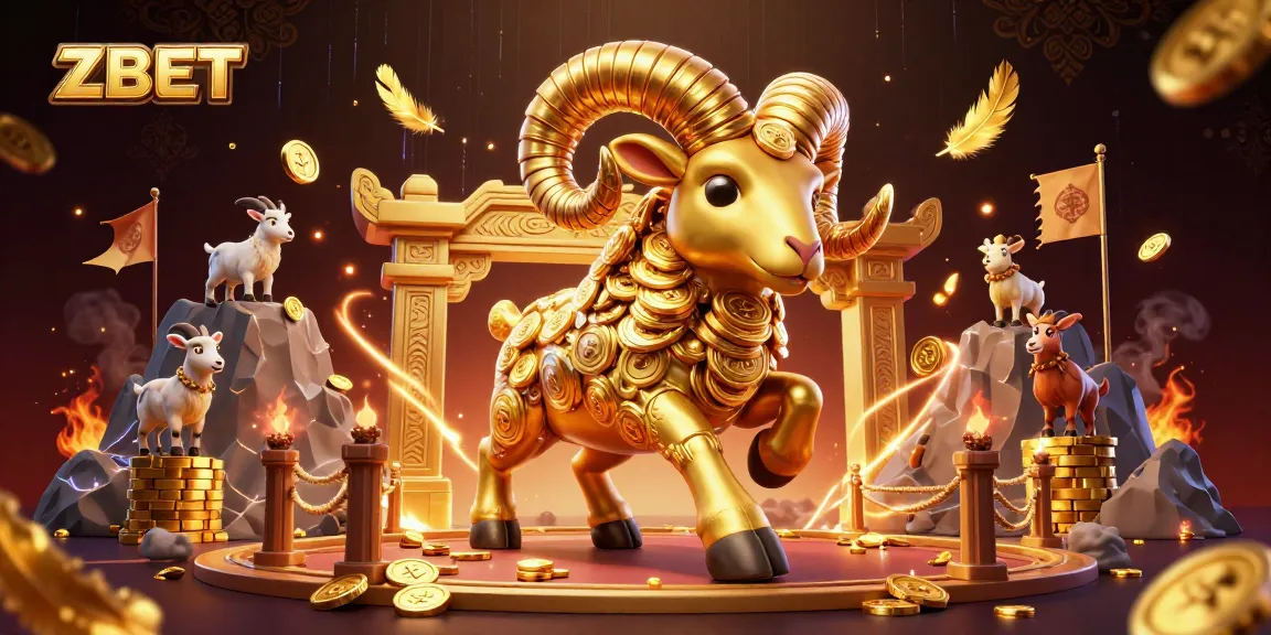 ZBET showcases a thrilling casino scene with a charging golden ram and dynamic elements for gamblers.