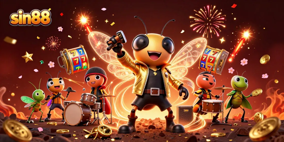 Experience the thrilling atmosphere of sin88 with vibrant slot reels and a rock star cicada in a dynamic casino scene.