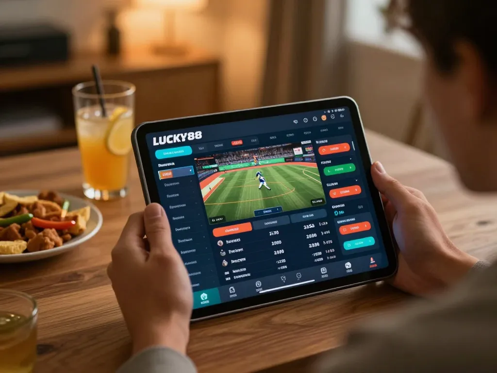 Person actively engaging in sports betting using LUCKY88 app on tablet at home