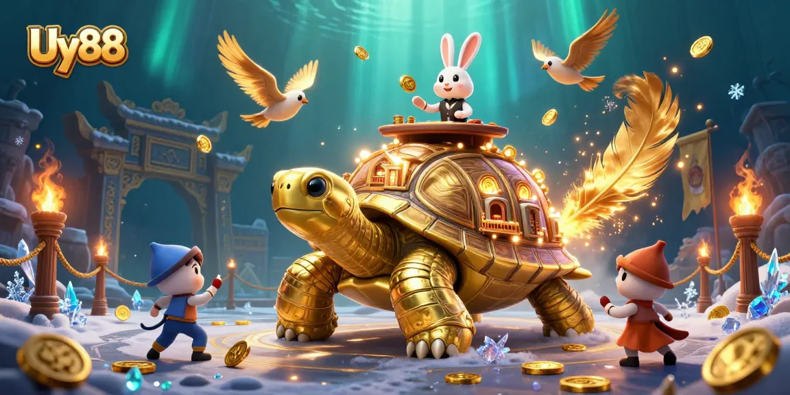 Experience thrilling gaming with Uy88's captivating casino illustrations featuring golden tortoises and vibrant dealers.
