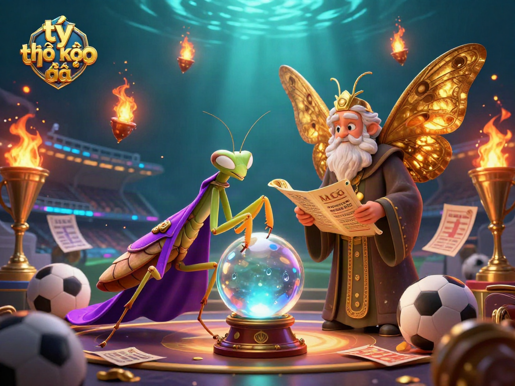 Explore tỷ lệ kèo bóng đá with vibrant 3D casino illustration of sports betting elements and fortune tellers.