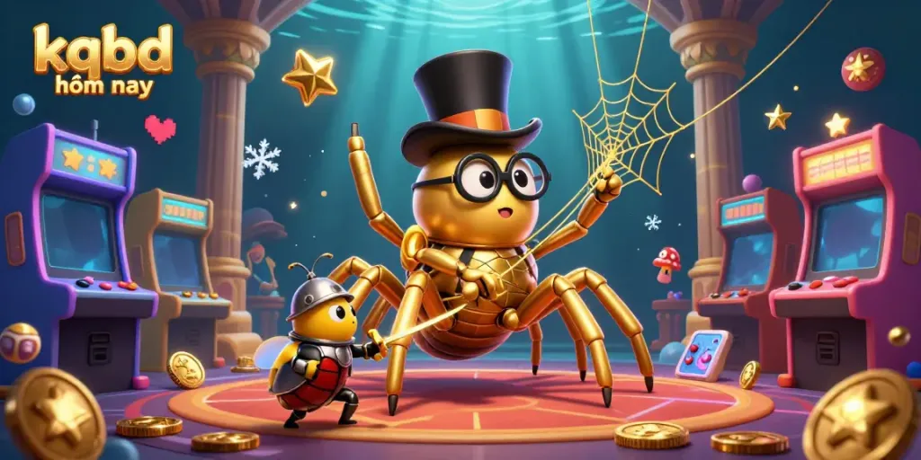 Experience kqbd hôm nay with vibrant 3D casino elements featuring a golden tarantula and beetle knight in action.