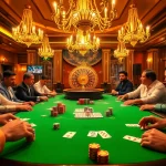 Experience high-stakes poker action at https://e2bett.dev, where professional gamblers engage with colorful chips and cards.