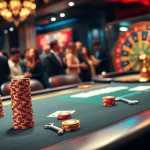 Engage in a thrilling casino atmosphere showcasing a poker table and roulette wheel with a nod to Free Transmission Check.