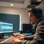 An engineer perfecting online audio mastering in a dynamic recording studio setting