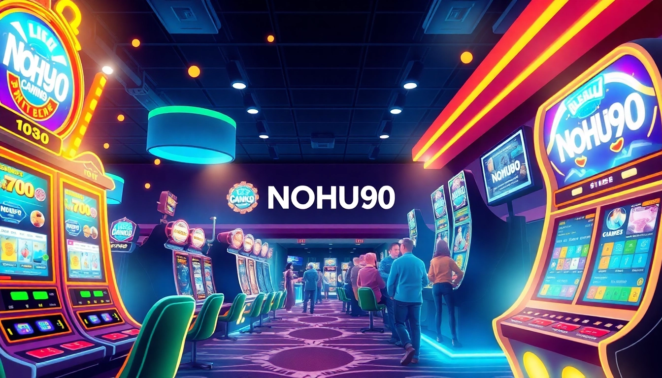 NOHU90 gaming portal with vibrant slot machines and live casino atmosphere