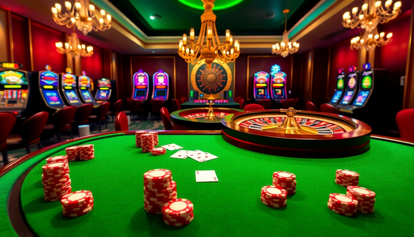 Experience the excitement of UU88 casino with vibrant poker tables and illuminated slot machines.