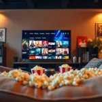 Enjoy movie night in a cozy setting with allmovieshub streaming interface and popcorn.