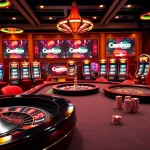 Engage in thrilling gambling action at cakhia04.tv with a vibrant casino atmosphere featuring roulette and slot machines.