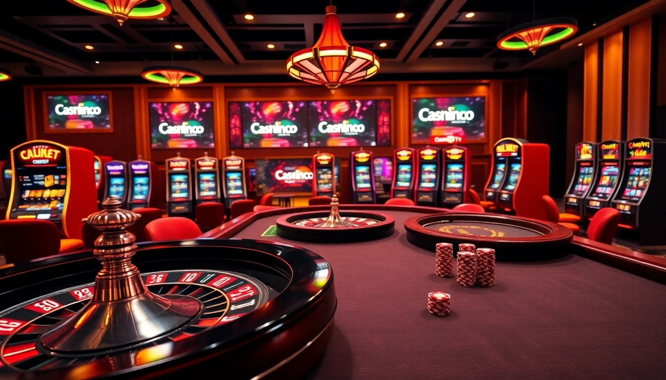 Engage in thrilling gambling action at cakhia04.tv with a vibrant casino atmosphere featuring roulette and slot machines.
