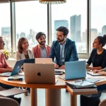 Marketing Consultant advising clients in a vibrant office, fostering collaboration and strategy development.