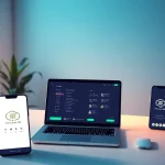 快连下载 VPN interface on a modern workspace laptop, showcasing seamless global connectivity.
