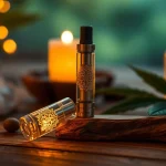 Buy DMT online through an elegant vape cartridge highlighting intricate designs and natural ambiance.
