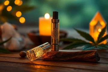 Buy DMT online through an elegant vape cartridge highlighting intricate designs and natural ambiance.