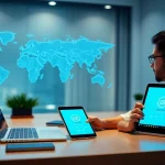 快连官网 interface displayed on devices in a modern workspace, showcasing global connectivity and security.