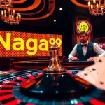 Naga99 casino scene showcasing excitement with roulette, poker chips, and a professional dealer.