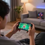 Taking on Tài Xỉu online uy tín through a smartphone, immersed in strategic gameplay.