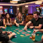Group enjoying Bomwin gaming experience at modern casino table with vibrant atmosphere.