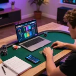 Engaged player at Net 88 online poker game with strategic notes and laptop in modern setup.