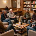 Supportive community at a man club gathering, men engaged in meaningful conversations.