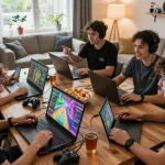 Exciting gameplay scene showing friends tải game rikvip on laptops and mobile devices in a cozy living room setting