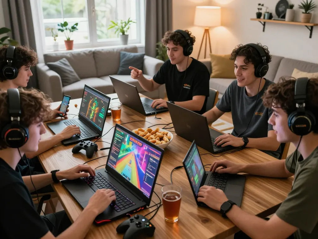 Exciting gameplay scene showing friends tải game rikvip on laptops and mobile devices in a cozy living room setting